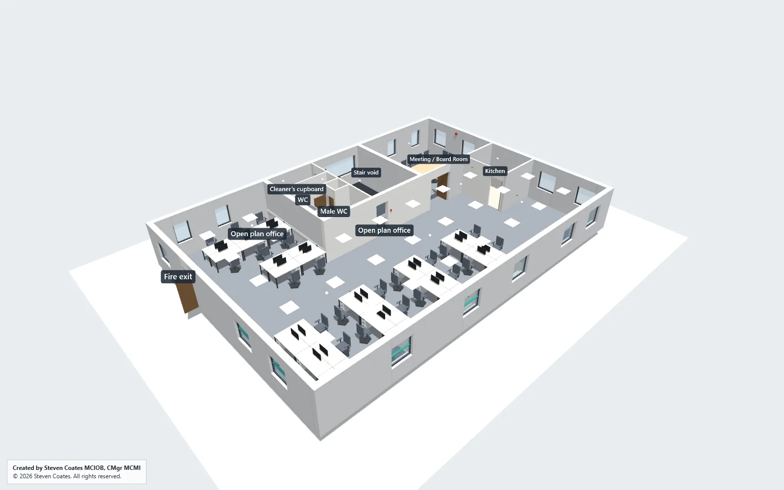 Aerial 3D view of the same office layout with desks, rooms and labels