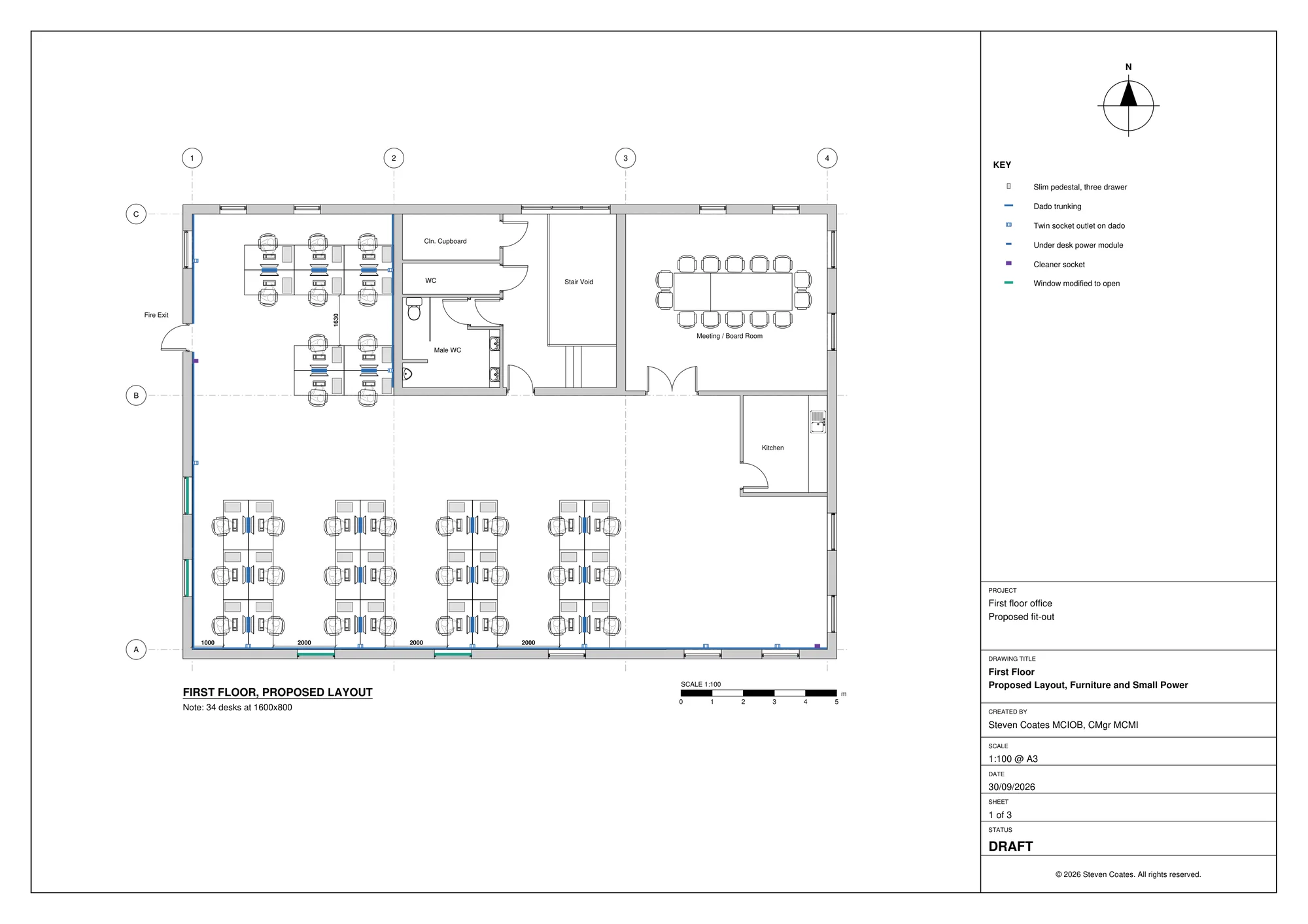 Proposed office layout drawing with desks, board room, kitchen and small power