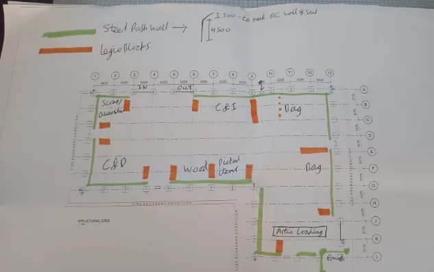Photograph of a printed drawing marked up by hand in green and orange highlighter